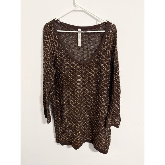 Free People Dresses & Skirts - Free People New Romantics Retro Brown and Gold Loose Knit Sweater Dress